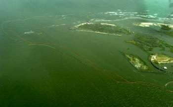 Barreras para proteger la costa de Louisiana contra el vertido.