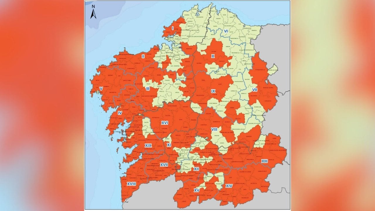 En naranja, los concellos declarados ZAR=195. En amarillo, Concellos no declarados ZAR=119.